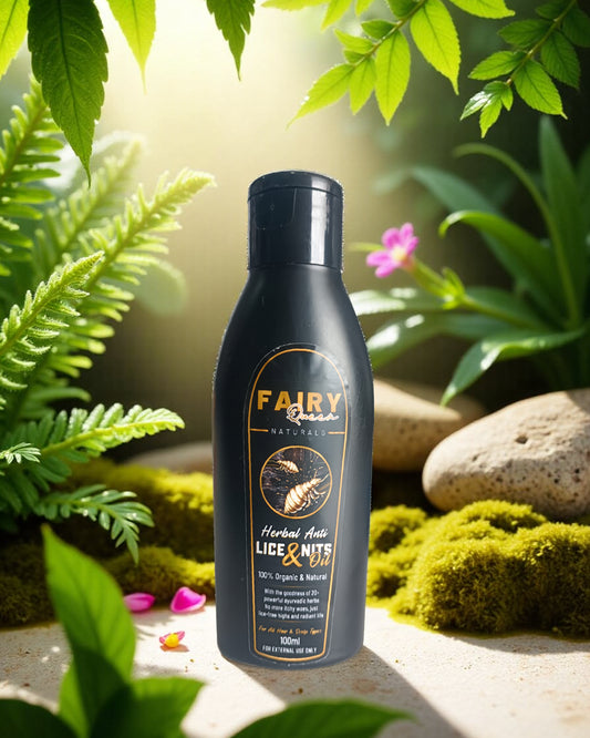 Fairy Herbal Anti Lice & Nits shampoo bottle with green foliage in the background