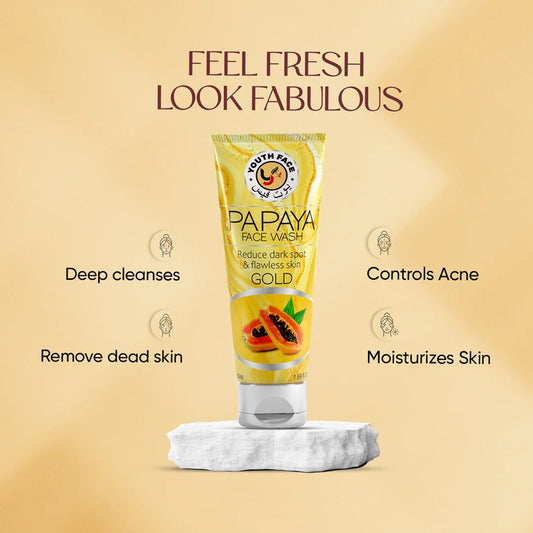 youthface Papaya face wash tube with product benefits on a beige background