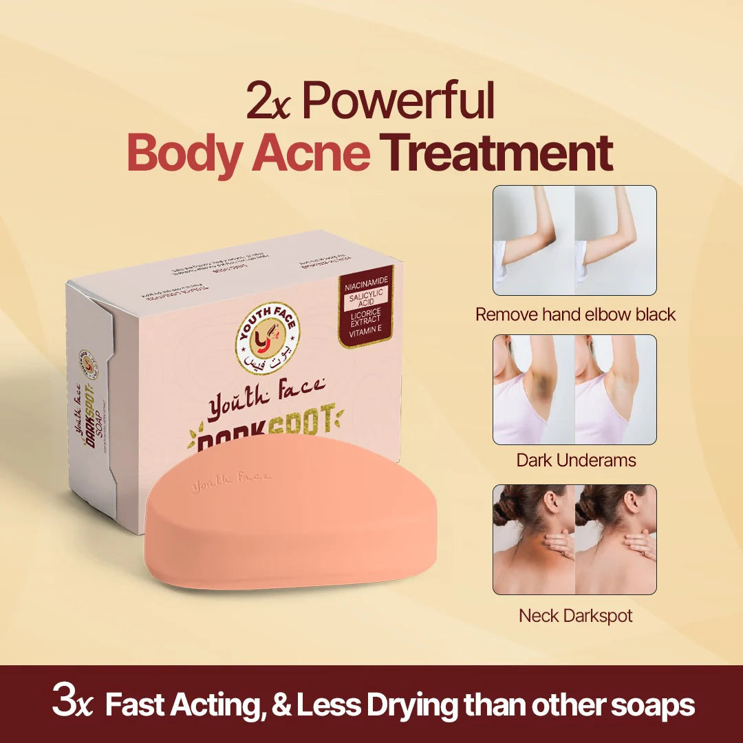dark spot remover soap  bar with packaging labeled 'Youth Face' on a beige background, featuring text about body acne treatment.